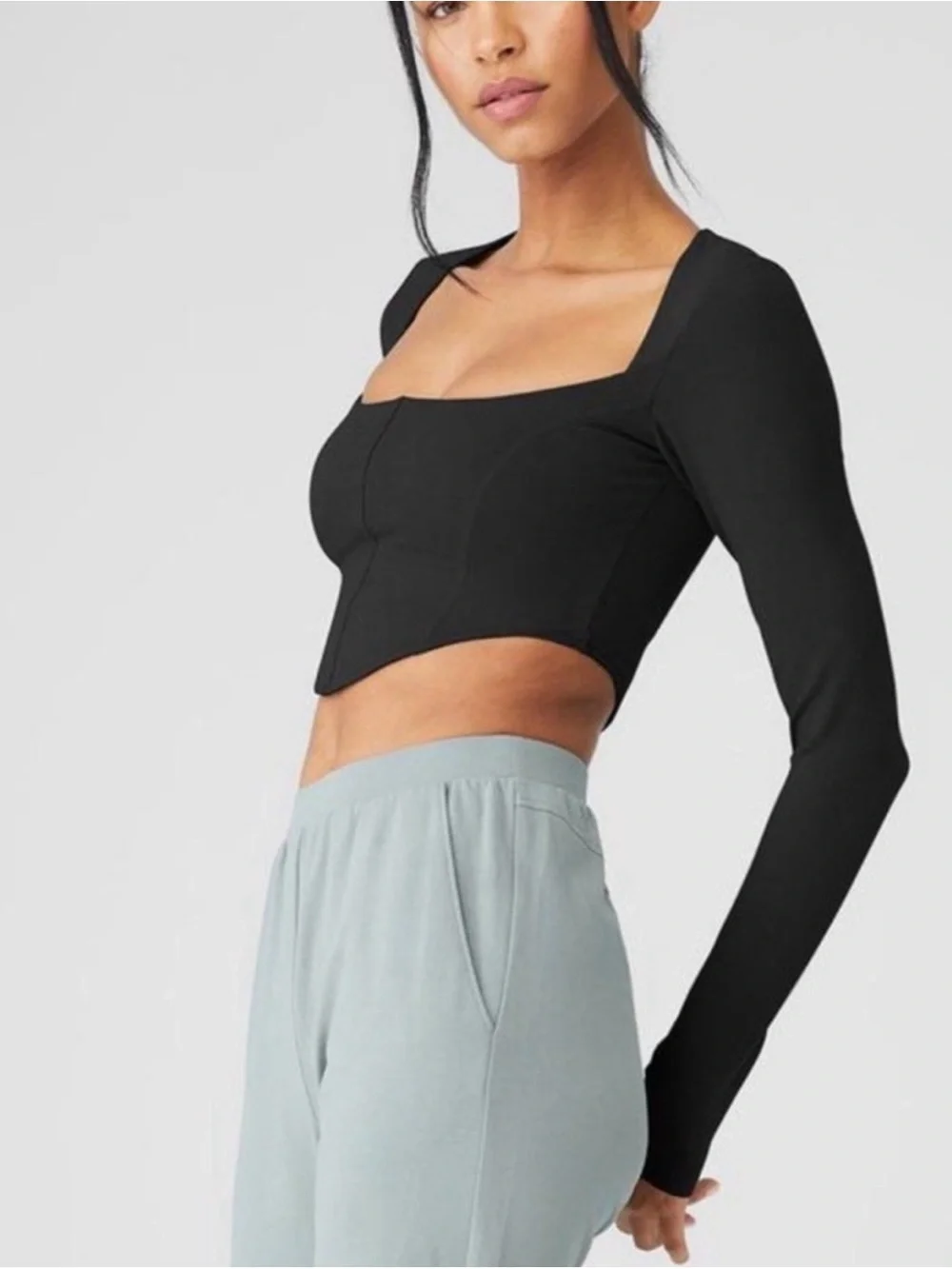 ALO Yoga Soft Sculpt Long Sleeve Corset Top in Black - M